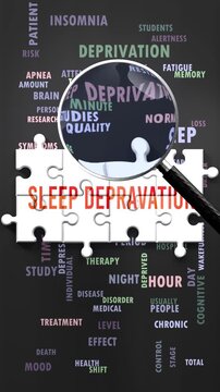 Sleep Depravation under magnifying glass, being researched, studied and examined. Most important subjects and ideas closely related to sleep depravation written around a puzzle.