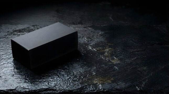 Rectangular black box packaging mockup on a textured dark slate surface