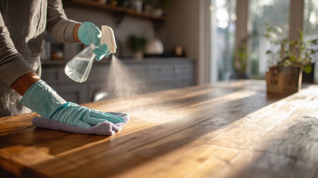 Hygienic kitchen cleaning moment: gloved hands, spray bottle, and microfiber cloth on a cleaned surface