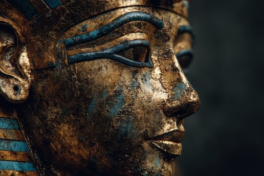 Hyper-realistic digital illustration of an ancient Egyptian funerary mask on a dark background