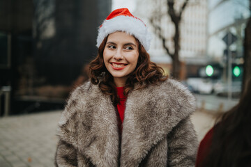 Fototapeta premium Smiling young woman wears a Santa hat and a fur coat while standing outdoors. Festive portrait of a girl enjoying a winter moment on an urban street.