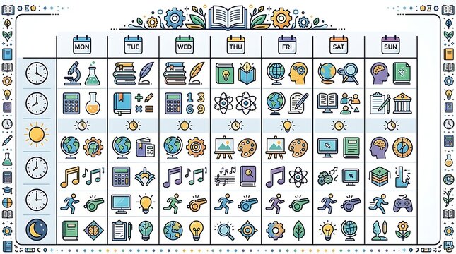 Weekly school schedule with educational icons for student planning