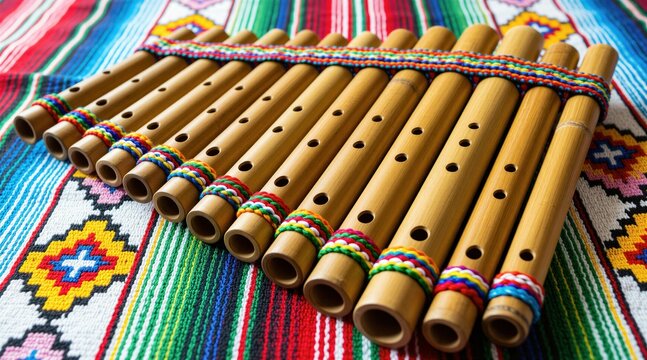 Traditional Peruvian pan flute zampona rests on colorful Andean textile fabric. Handmade bamboo pipes feature intricate woven patterns. Authentic wind instrument displays ancient South American