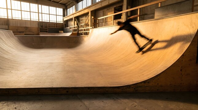 Skateboarder performs trick in indoor wooden skatepark bowl at sunset