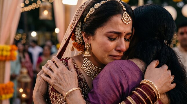Emotional Indian bride in traditional attire crying while sharing a heartfelt farewell hug with her mother during the bittersweet Vidaai ceremony.