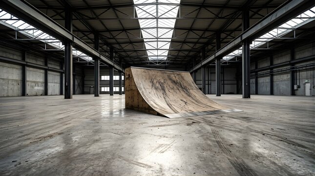 Wooden skate ramp standing inside a large empty industrial warehouse hall