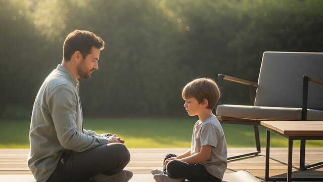 Father and son meditating together outdoors