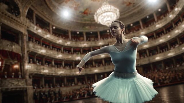 Acclaimed Female Ballerina in a Flowing Tutu Performs an Expressive Classical Solo on a Majestic Opera House Stage, Cinematic Camera Gliding Around Her Poised Elegance in Super Slow Motion 1000fps.