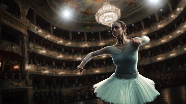 Prima Ballerina in a Delicate Tutu Captivates a Packed Opera House With Poised Arabesque Poses, Filmed in Stunning 1000fps Super Slow Motion as the Cinematic Camera Circles Her Graceful Artistry.