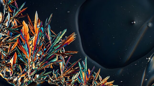 Abstract microscopic crystal formation with vibrant colors and dark space
