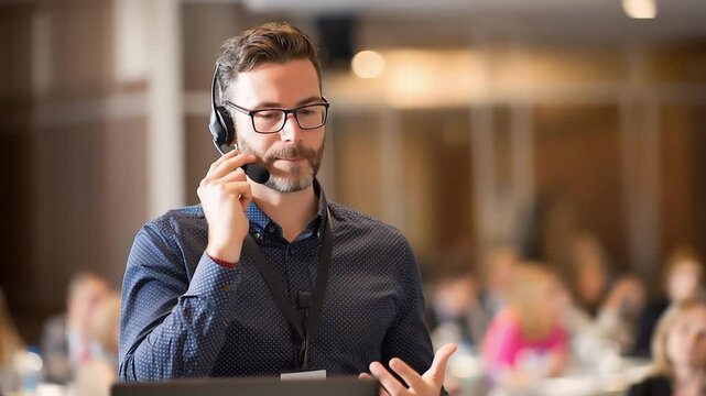 Man speaking with headset microphone at a conference