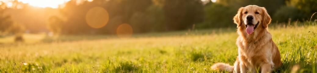 Obraz premium Happy golden retriever dog sitting in summer meadow. Wide panoramic web banner with copy space. Pet care website header background