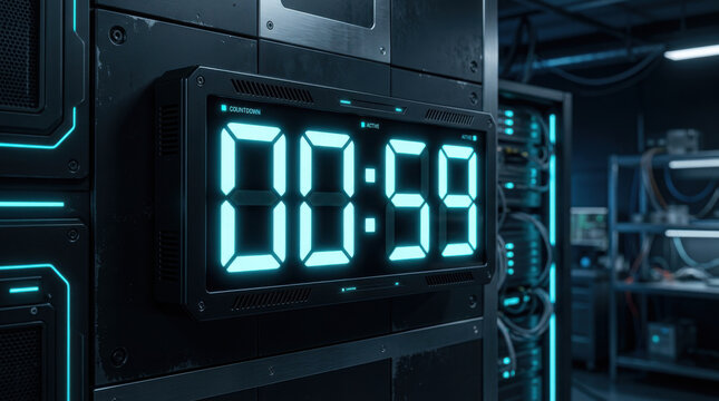 Digital Countdown Timer Glowing Blue In A Futuristic Server Room