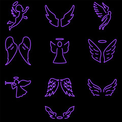 Fototapeta premium neon angel wings and nimbus vector icons set