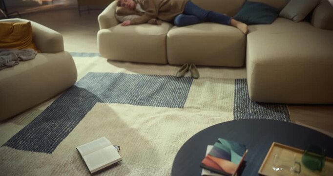 Timelapse  Follows a Woman Moving Through a Cozy Apartment, Reading, Studying, Lounging and Using Her Smartphone for Social Media and Video Content. Smooth Drifting Camera Movement and Montage