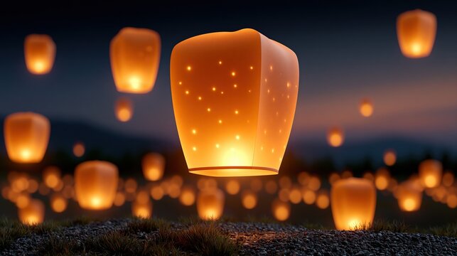 Many glowing sky lanterns floating in the dark night sky over a grassy field with mountains in the background