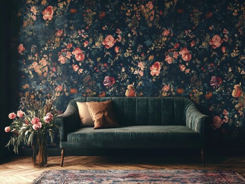 Elegant botanical pattern featuring moody floral motifs, shimmering gold details, and a luxurious decorative aesthetic