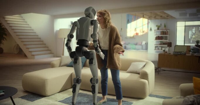 Hacked Domestic Humanoid AI Robot Violently Pushes Woman at Home. Dangers of Remote Control Attack, Surveillance, Virus, Malware, Artificial Intelligence Technology Turning Abusive and Violent