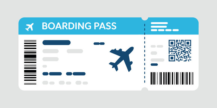 Modern blue boarding pass with airplane logo qr code and barcode. Vector illustration