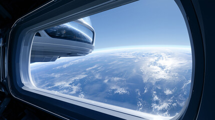 Naklejka premium Futuristic spaceship flying near the beautiful blue planet Earth, view from a large panoramic window, luxury space travel and space tourism concept, breathtaking view of Earth with