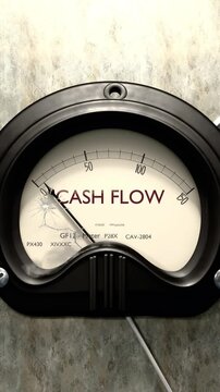 Cash flow meter showing low levels of cash flow. Minimum and decreasing cash flow value, below the norm. Lack of cash flow. None of it, insufficient.