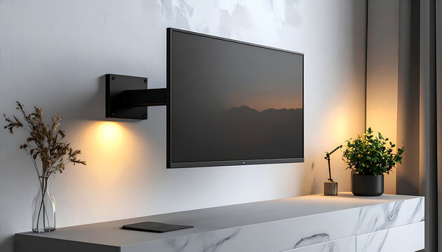 Modern dark TV mount bracket holding a flat screen television on a textured wall