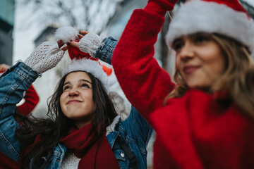 Fototapeta premium Two young women wear Santa hats and smile while adjusting their festive headwear. They stand outdoors in winter clothing enjoying a cheerful holiday moment.