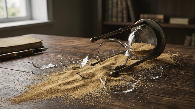 Shattered vintage hourglass on a wooden table