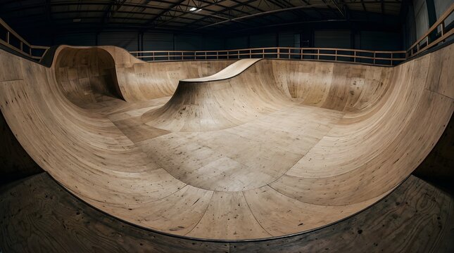 Empty wooden skate park bowl with curved ramps for extreme sports
