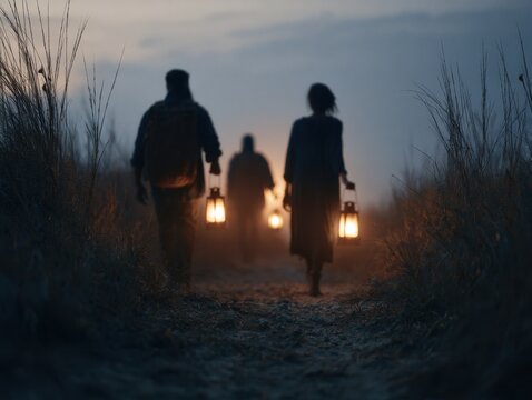Silhouetted figures with lanterns walk through tall grass at twilight