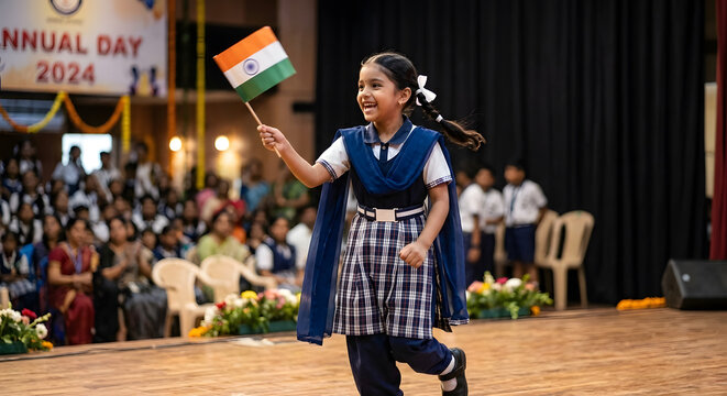 Indian school girl celebrating independence day india on stage
