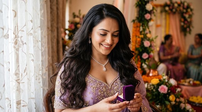 Indian woman in a lavender gown smiling gently as she looks down to admire her new sparkling wedding ring at her engagement party.