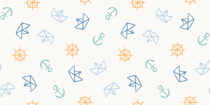 Seamless background pattern with dense hand drawn cute origami paper boats and anchors on cream
