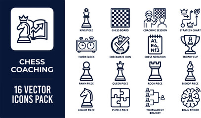 Fototapeta premium Comprehensive Collection of Strategic Chess Coaching and Professional Tournament Training Vector Line Icon Set.