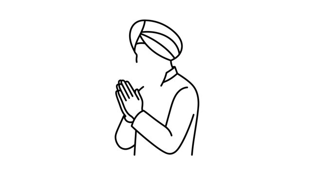 Line art illustration of a man wearing a turban performing a traditional greeting.