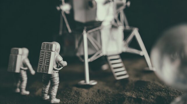Two astronauts stand near a lunar lander on a moon-like surface with a distant planet in the background during a space exploration scene