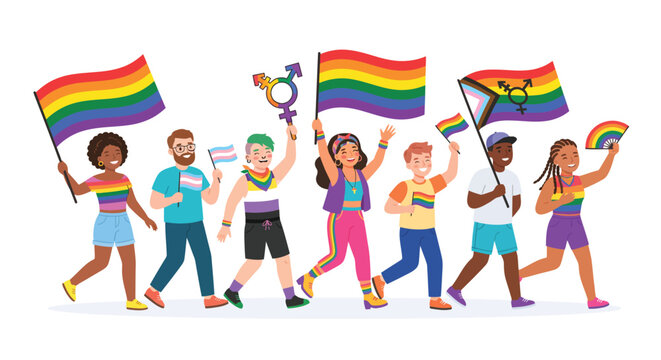 Pride flags and diverse people colorful vector illustration on white background