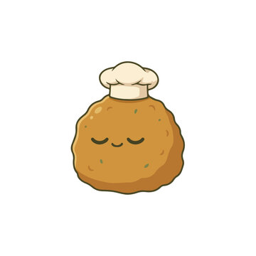 A cute vector illustration of a smiling brown meatball wearing a white chef hat, appearing happy and calm on a plain white background.