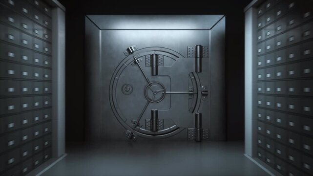 Camera Pulls Back From the Interior Locking Bolts of a Massive Steel Vault Door as the Mechanism Seals Shut, Revealing Bank Safety Deposit Corridor Lined With Rows of Numbered Lockers, Banking Safety.