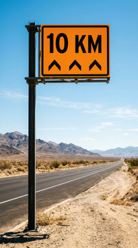 Desert Highway Distance Sign 10 Km Ahead In Vast Arid Landscape With Mountain Range Background