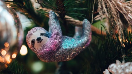 Fototapeta premium Colorful sloth ornament hangs on tree branch during holiday season in a decorated room