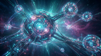 Fototapeta premium Futuristic neural network with glowing orbs and interconnected bridges in a vast digital cosmos