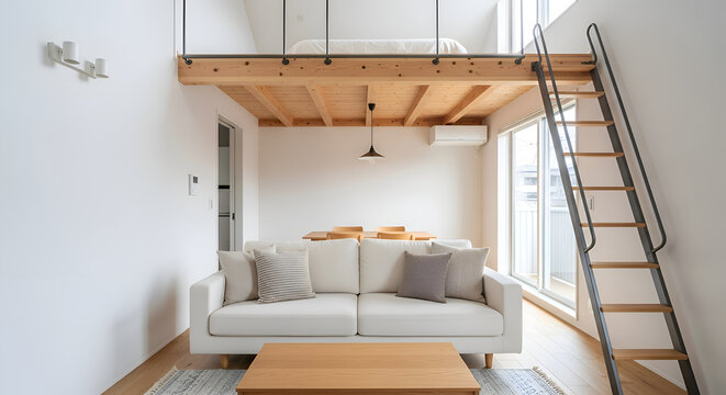 Modern minimalist loft apartment interior with white sofa wooden mezzanine and industrial style ladder
