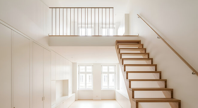 Modern wooden staircase ascending to a mezzanine with a minimalist railing and built-in storage