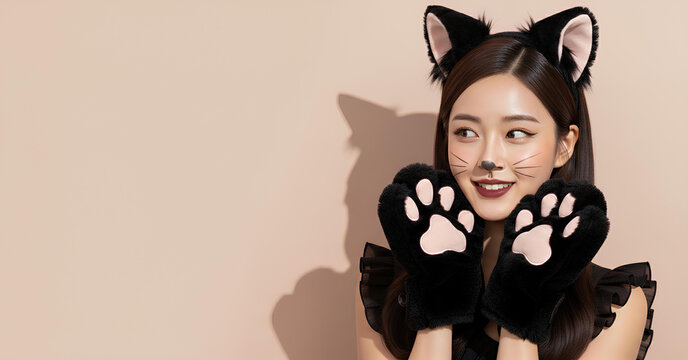 ハロウィンのパーティー仮装をする日本人女性のポートレート　黒猫のコスプレ