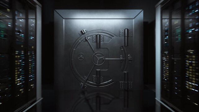 Camera Pulls Back From a Closing Digital Bank Vault Mechanism to Reveal a Secure Data Center, Symbolizing Cybersecurity, Privacy, Antivirus Defense, Encryption and Protected Server Infrastructure.