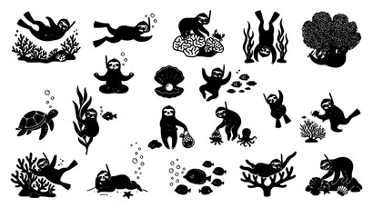 Obraz premium Humorous Sloth Underwater Snorkeling Silhouette Bundle with Tropical Ocean Elements Vector Illustration