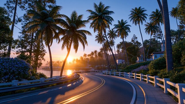Scenic coastal road lined with palm trees at sunset with ocean view