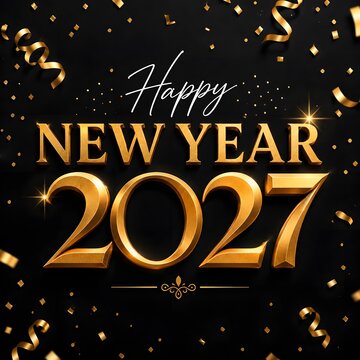 Happy new year 2027 elegant greeting card design with shiny gold 3d numbers and metallic confetti elements on a luxury dark black background for festive holiday celebration event