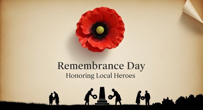 Remembrance Day Graphic with Poppy and Silhouettes of People Honoring Local Heroes.
